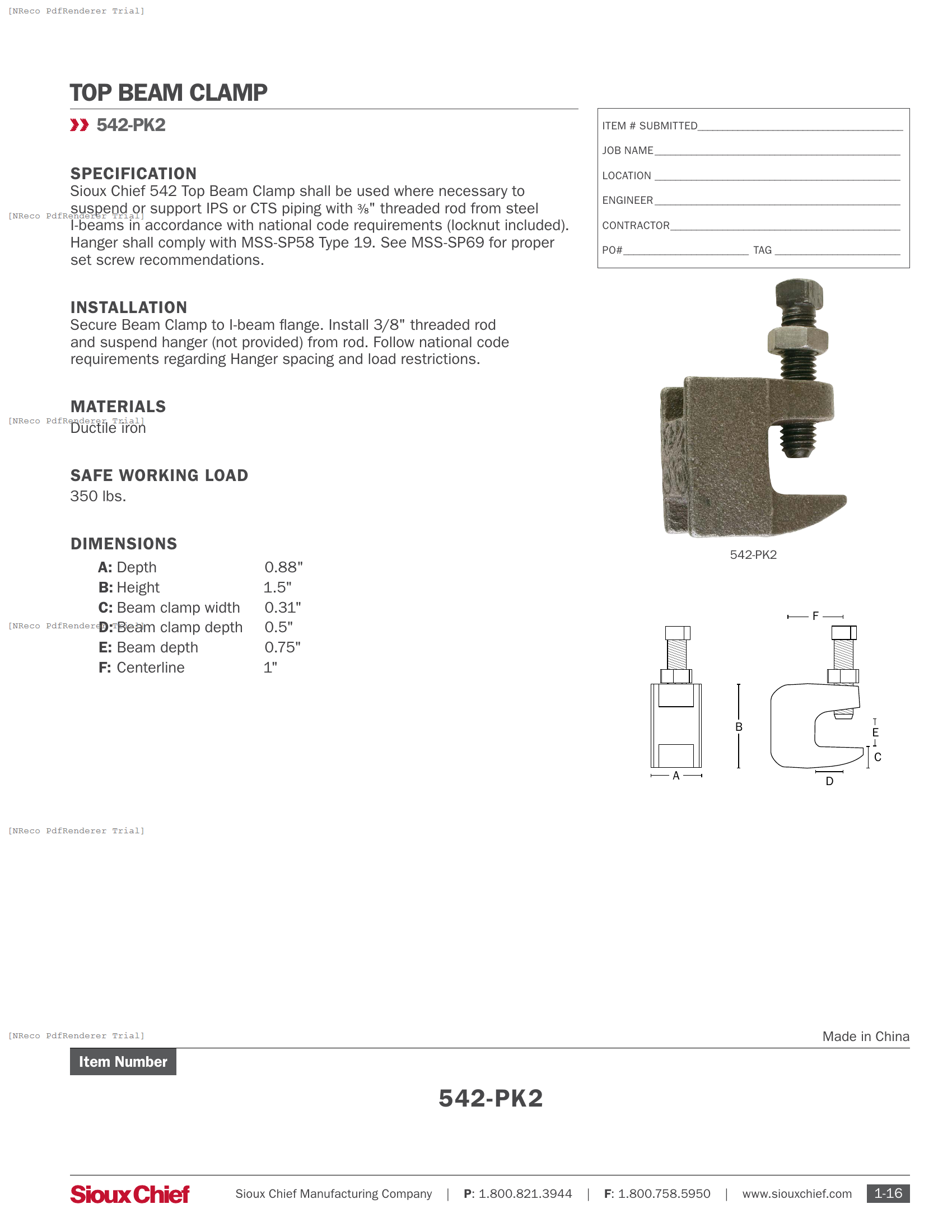 542-PK2 - TOP BEAM CLAMP - SPEC SHEET.PDF Specification Document